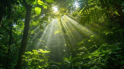 Lush foliage in a dense forest, sunlight streaming through the canopy and creating patterns of light and shadow
