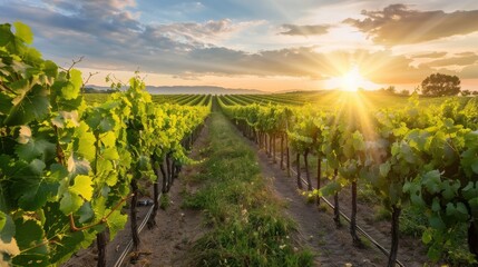 Obraz premium Picturesque vineyard with rows of grapevines stretching out under a warm sun, a serene countryside backdrop