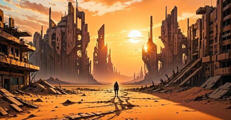 Naklejka premium desert sci-fi cyberpunk city at sunset. futuristic dystopian town buildings and tall towers on the horizon. abandoned ghost town.