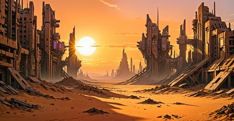 Naklejka premium desert sci-fi cyberpunk city at sunset. futuristic dystopian town buildings and tall towers on the horizon. abandoned ghost town.