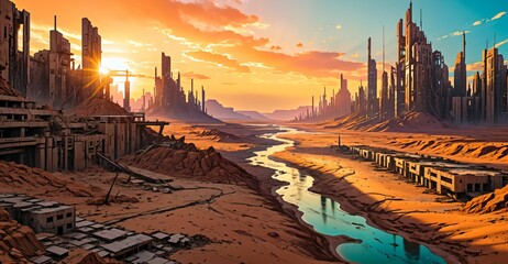 Naklejka premium river through desert sci-fi cyberpunk city at sunset. futuristic dystopian town buildings and tall towers on the horizon. abandoned ghost town oasis.