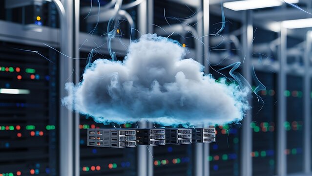 Natural cloud enveloped in smoke above server racks in a futuristic data center, highlighting seamless integration of cloud technology

 - Powered by Adobe