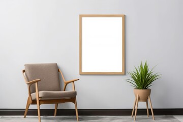 Interior poster mock up with vertical empty wooden frame on wall, brown armchair and plant in vase in room with white wall. 