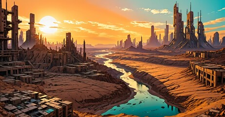 Naklejka premium river through desert sci-fi cyberpunk city at sunset. futuristic dystopian town buildings and tall towers on the horizon. abandoned ghost town oasis.