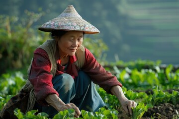 Senior asian farmer woman wearing a traditional conical hat working in a field, harvesting vegetables