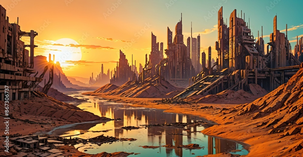 Wall mural river through desert sci-fi cyberpunk city at sunset. futuristic dystopian town buildings and tall towers on the horizon. abandoned ghost town oasis.