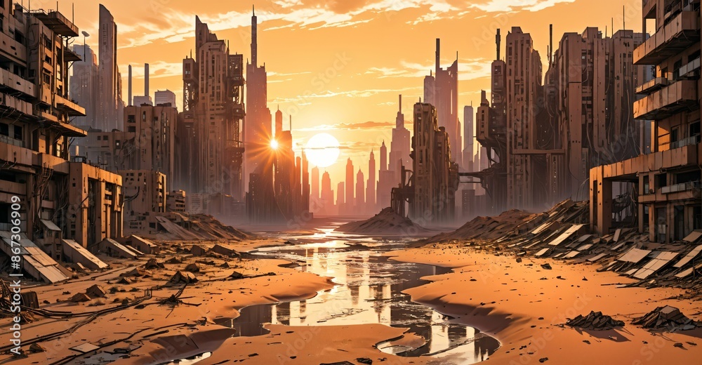 Wall mural river through desert sci-fi cyberpunk city at sunset. futuristic dystopian town buildings and tall towers on the horizon. abandoned ghost town oasis.