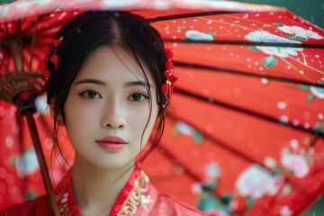 Beautiful asian woman wearing a red silk dress holding a red umbrella with flowers on it