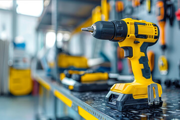 Fototapeta premium Close-up view of a yellow cordless drill being used to install a shelf, with a blurred background of tools and materials.. AI generated.