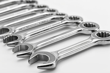 Fototapeta premium A close-up view of a shiny, silver Allen wrench set arranged in a fan shape on a white background.. AI generated.