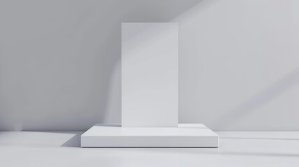 Obraz premium Realistic white empty portable booth stand with blank vertical pull-up banner, perfect for advertising and promotion, modern mockup