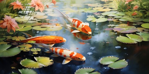 Koi Fish in a Pond with Lily Pads
