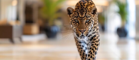 A leopard boss, confidently walking through the office, known for its agility and quick thinking