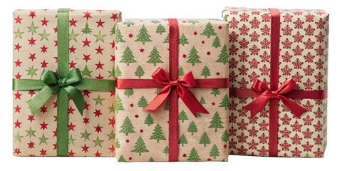 Christmas Gift Wrapping Paper Trio. Features Festive Patterns With Christmas Trees, Ornaments, And Red Bows. Isolated on transparent background, png.