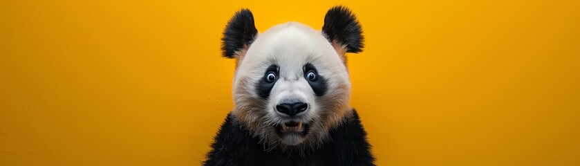 Fototapeta premium A panda with a surprised expression stands out on a bright yellow background