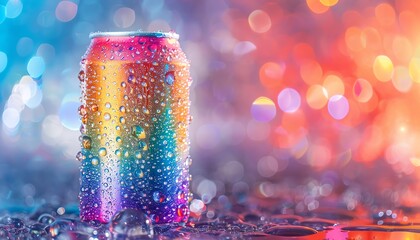 A refreshing soda can covered in water droplets stands against a sparkling, multicolored background