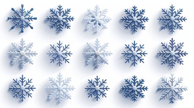 Set of blue snowflakes, detailed illustration, white background, crisp and clear winter designs
