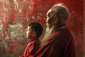 Old buddhist monk wearing a red robe with a long grey beard holding a young buddhist novice wearing a red robe