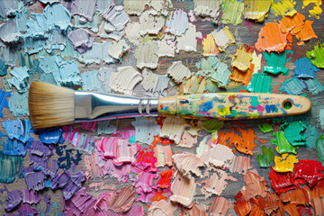 Fototapeta premium A colorful paintbrush resting on a wooden palette, splattered with vibrant, mixed paints, ready for an artist's next masterpiece.. AI generated.