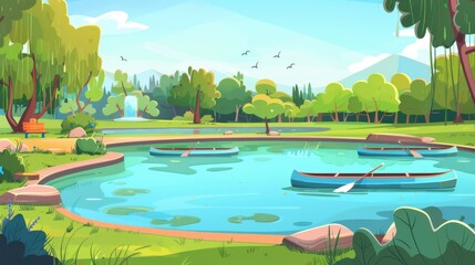 Serene park landscape with lake, boats, and lush green trees. Peaceful summer scene perfect for relaxation and recreation.