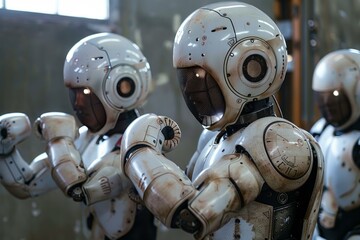 Fototapeta premium Team of robots are practicing boxing in a dirty industrial gym