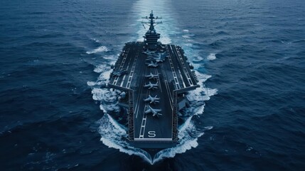 A powerful aircraft carrier cruising through the ocean, showcasing naval dominance and versatility