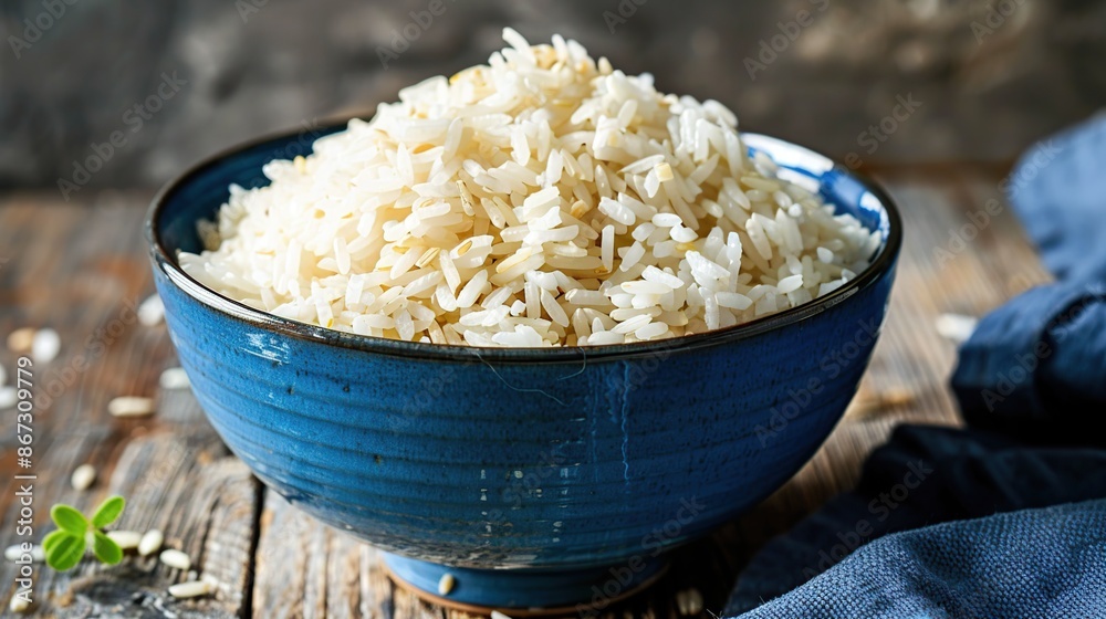 Sticker bowl of cooked white rice on wooden table