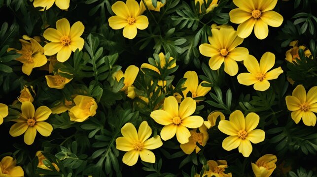 Background of a mix of delicate yellow adonis blossoms and fresh green leaves