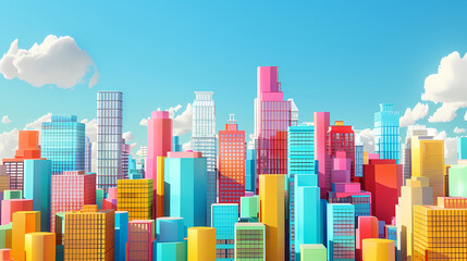 Colorful city skyline with tall buildings
