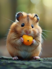 A cute hamster was eating an orange, bright clear sunshine