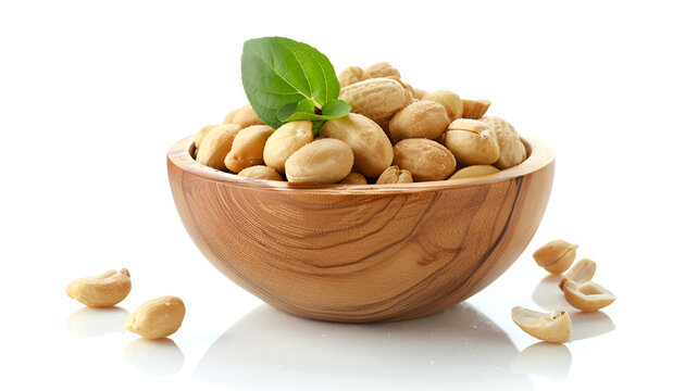 peanuts with leaf in wooden bowl isolated on white background