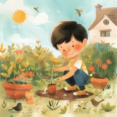 cute little boy planting a plant on the ground, watering plant,background a garden in front of a house,brown cat, birds, sun, flowers,in the style of children's book illustration
