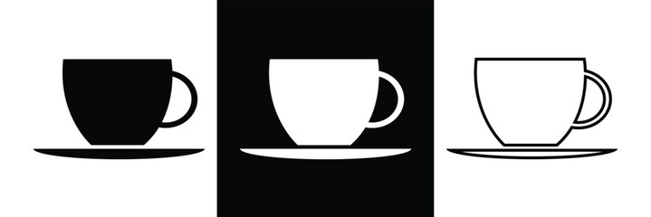 Hot coffee Mug icon set. hot tea vector symbol. cafe espresso morning drink sign in black filled and outlined style on white background in eps 10.