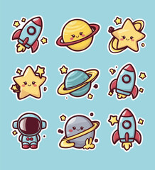 Space printable stickers clipart vector illustration set