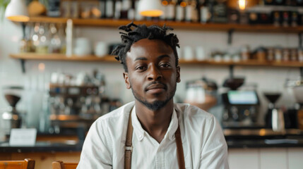 Fototapeta premium Portrait of an African American man in an apron standing behind a bar in a small cafe. A young black man works as a cashier indoors. Business and money concept. Consumerism.
