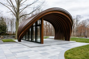 An elegant pavilion in a park, designed for community events and outdoor performances