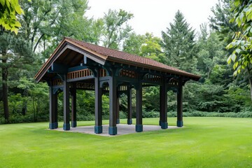 An elegant pavilion in a park, designed for community events and outdoor performances