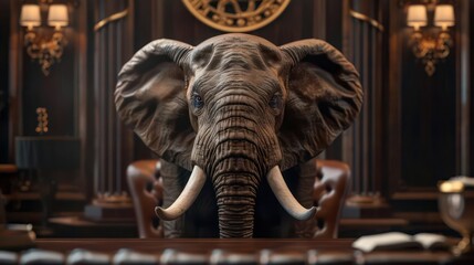 An elephant boss in a grand office, overseeing operations with a confident presence