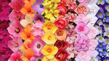 A close-up shot of a vibrant flower arrangement with multiple flower varieties in a diamond pattern