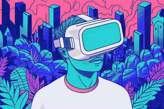 An illustration of an immersive experiential marketing campaign blending virtual reality with interactive user participation