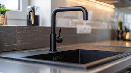 Modern kitchen sink featuring a sleek black square faucet with a matte finish.