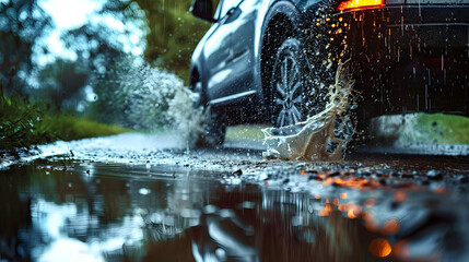 Fototapeta premium Car driving through the puddle and splashing by water
