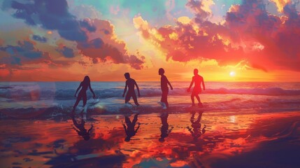 Fototapeta premium Silhouettes of friends enjoying a beach sunset, gentle waves, soft light, fluid motion, soothing background, digital painting