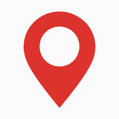 A red location pin icon. The pin is designed with a rounded top, resembling a location marker, and a pointed bottom, indicating direction. It is set against a white background.