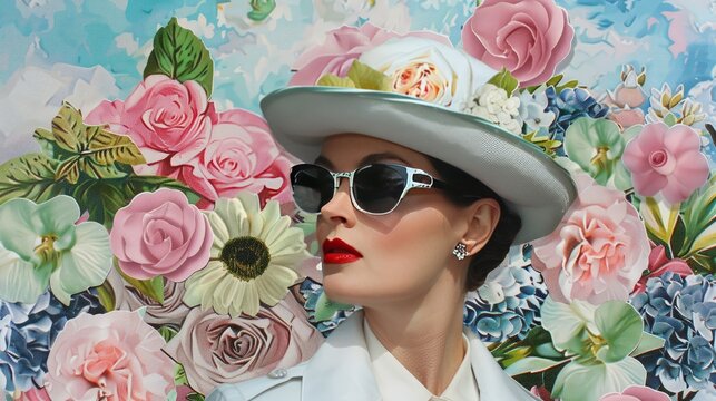 A woman with red lipstick is wearing a white hat and sunglasses. She is positioned against a background of colorful flowers - Powered by Adobe