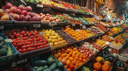 Variety of fresh fruit and vegetables for sale in the market local agricultural product background wallpaper AI generated image