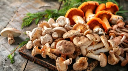 Fototapeta premium Assorted medicinal mushrooms, detailed and vibrant, rustic kitchen background