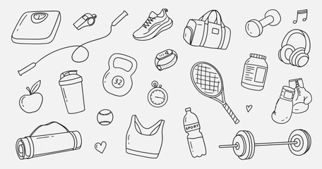 Set of drawings of sketches of sports equipment. Hand drawn sketch of healthy sport, gym. Vector illustration.
