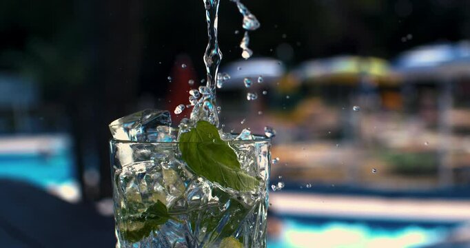 Super slow motion close up of bartender is preparing alcoholic cocktail in transparent glass for customer at poolside bar of luxury hotel resort during summer holidays vacation at 1000 fps.