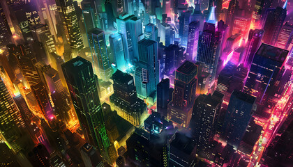 A top-view illustration in the middle of a big city, around the city there are glowing lights of various colors